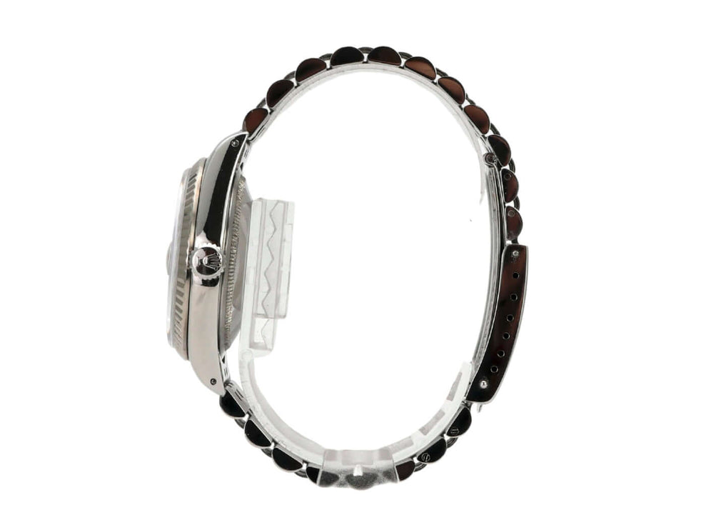 Seitenansicht der Rolex Datejust 36 Ref. 16234 mit Jubile Edelstahl Armband und poliertem Gehäuse.