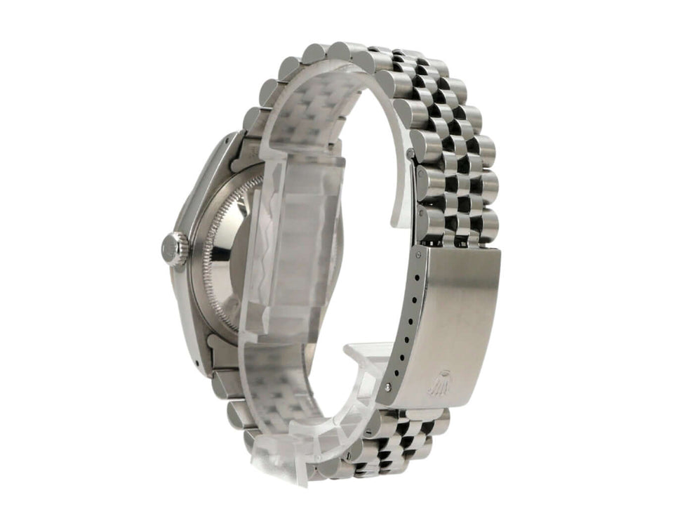 Seitenansicht der Rolex Datejust 36 Ref. 16234 mit Jubile Edelstahl-Armband und Faltschließe.