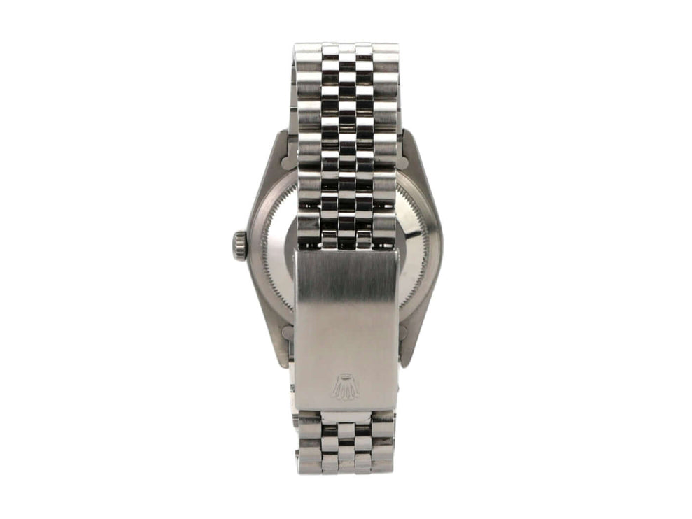 Rolex Datejust 36 Ref. 16234, Jubile-Band aus Edelstahl, Rückansicht der Uhr, polierte und satinierte Oberfläche.