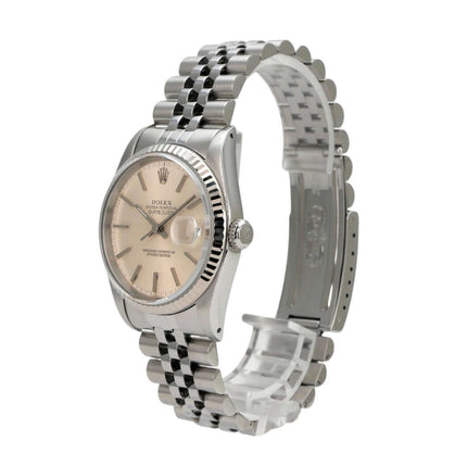 Rolex Datejust 36 Ref. 16234 Silber Jubile-Band mit poliertem Edelstahlarmband und silberfarbenem Zifferblatt.