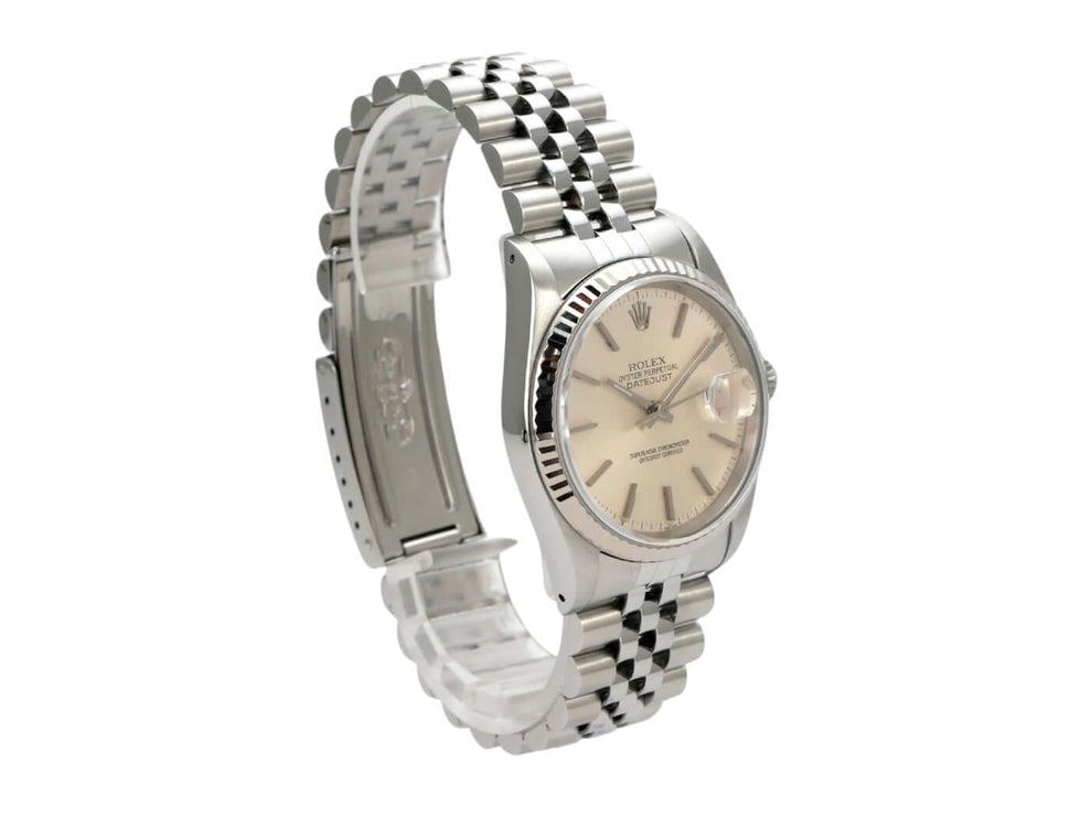 Rolex Datejust 36 Ref. 16234 Silber Jubile-Band mit silberfarbenem Zifferblatt und Jubilé-Edelstahl-Armband.