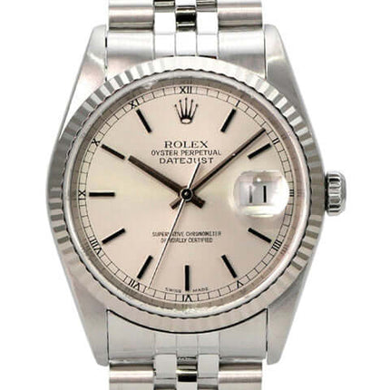 Rolex Datejust 36 Ref. 16234 Silber Jubile-Band, silbernes Zifferblatt, Edelstahlgehäuse, Weißgold-Lünette