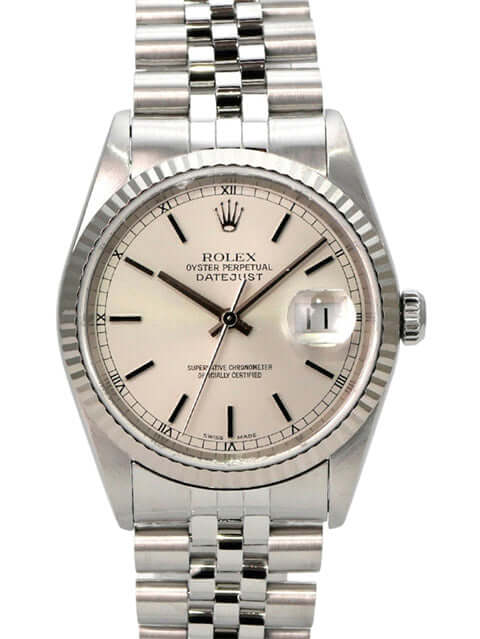 Rolex Datejust 36 Ref. 16234 Silber Jubile-Band, silbernes Zifferblatt, Edelstahlgehäuse, Weißgold-Lünette
