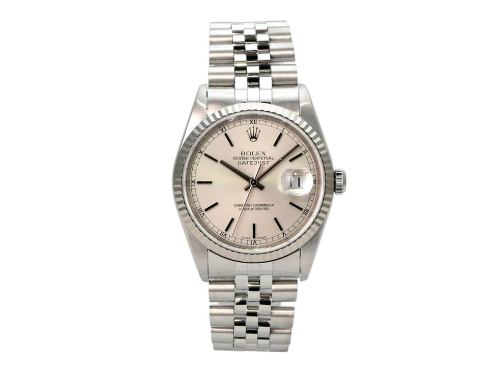 Rolex Datejust 36 Ref. 16234 Silber Jubile-Band, Edelstahl, Weißgold-Lünette, Automatik, 1999