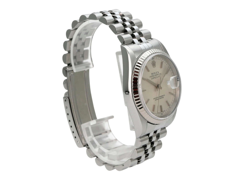 Rolex Datejust 36 Ref. 16234 Silber Jubile-Band, Edelstahluhr mit Weißgold-Lünette und silbernem Zifferblatt