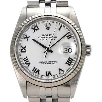 Rolex Datejust 36 16234 Weiß Römisch Jubile-Band Uhr mit weißem Zifferblatt und jubilee Armband.