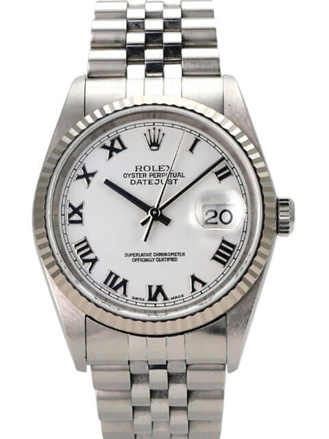 Rolex Datejust 36 16234 Weiß Römisch Jubile-Band Uhr mit weißem Zifferblatt und jubilee Armband.