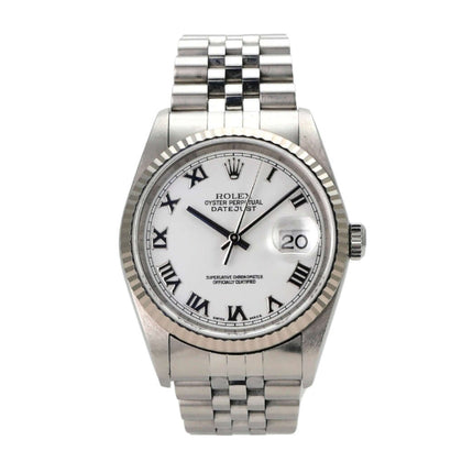 Rolex Datejust 36 16234 Weiß Römisch Jubile-Band mit hexagonalem Zifferblatt und Jubilé-Armband.
