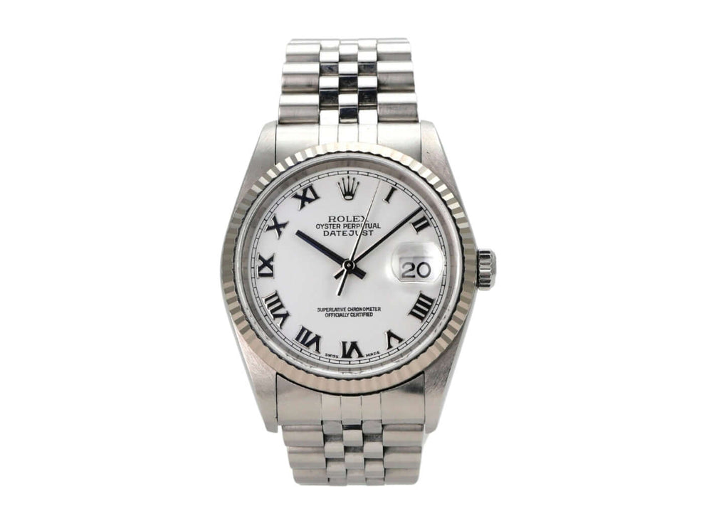 Rolex Datejust 36 16234 Weiß Römisch Jubile-Band mit hexagonalem Zifferblatt und Jubilé-Armband.