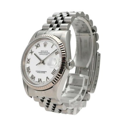 Rolex Datejust 36 16234 Weiß Römisch Jubile-Band mit Edelstahl-Gehäuse und Armband von der Seite