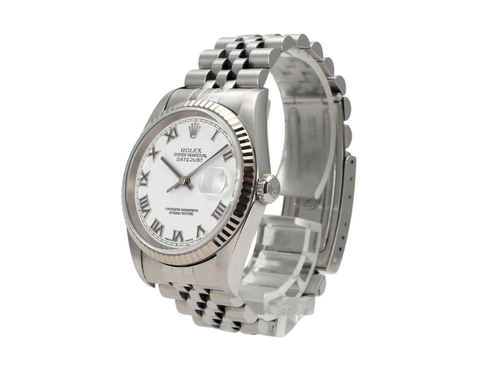Rolex Datejust 36 16234 Weiß Römisch Jubile-Band mit Edelstahl-Gehäuse und Armband von der Seite