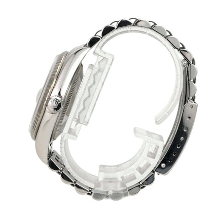 Rolex Datejust 36 16234 Weiß Römisch Jubile-Band seitliche Ansicht mit Edelstahl-Gehäuse und Jubile-Armband.