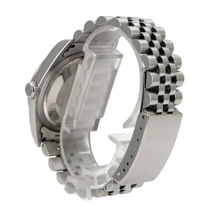 Rolex Datejust 36 16234 Weiß Römisch Jubile-Band Ansicht des Jubilé Edelstahlarmbands und Gehäuses.