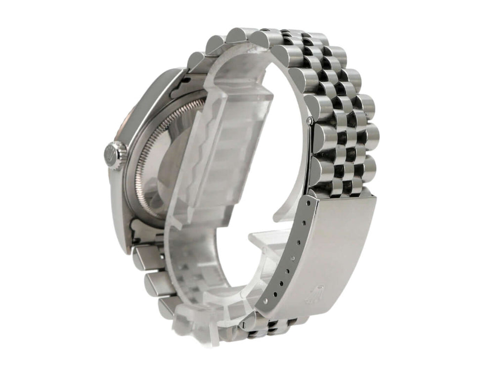 Rolex Datejust 36 16234 Weiß Römisch Jubile-Band Ansicht des Jubilé Edelstahlarmbands und Gehäuses.
