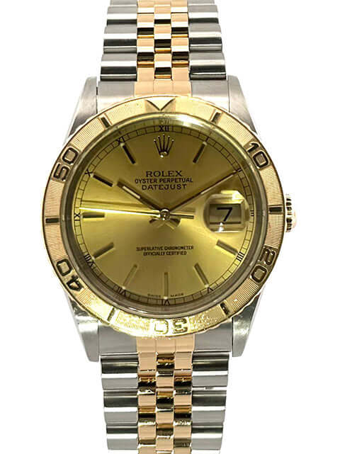 Rolex Datejust 36 Turn-O-Graph 16263 mit Champagner-Zifferblatt und Jubile-Armband aus Edelstahl und Gelbgold.