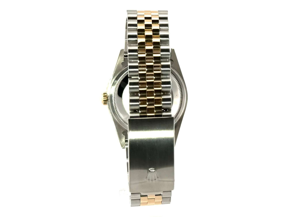 Rückseite der Rolex Datejust 36 Turn-O-Graph 16263 Champagner mit Jubile-Armband in Edelstahl und Gelbgold, poliert und satiniert