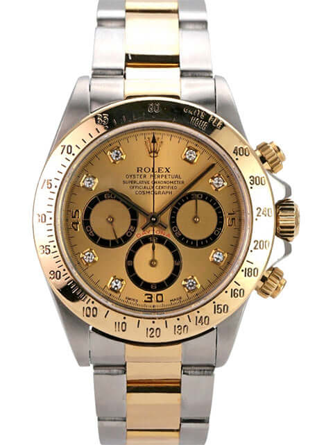 Rolex Daytona 40 Edelstahl Gelbgold 16523 Champagner Diamant mit Champagne Zifferblatt und goldenen Akzenten.