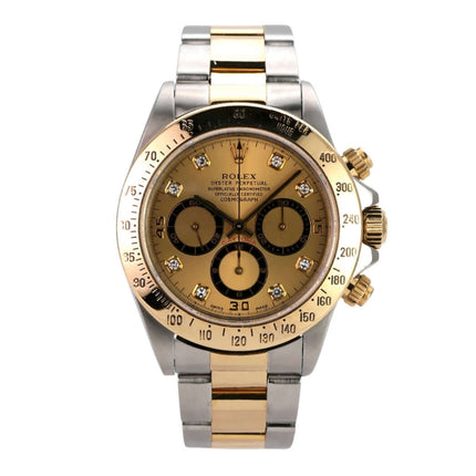 Rolex Daytona 40 Edelstahl Gelbgold 16523 Champagner Diamant mit Champagnerfarbenem Zifferblatt und Chronometer.