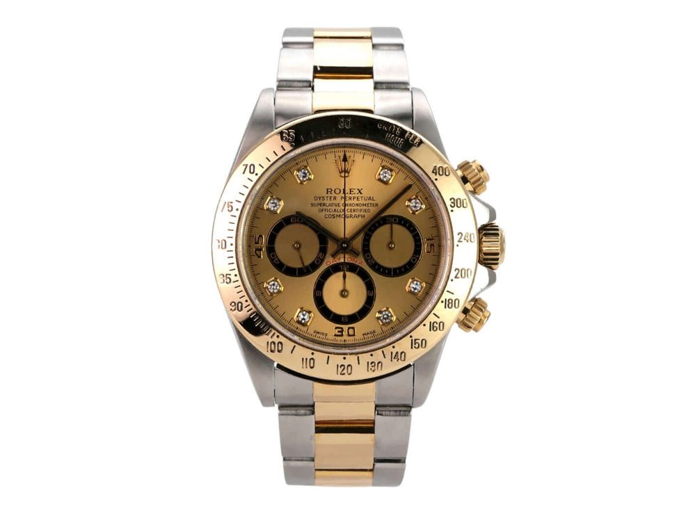 Rolex Daytona 40 Edelstahl Gelbgold 16523 Champagner Diamant mit Champagnerfarbenem Zifferblatt und Chronometer.