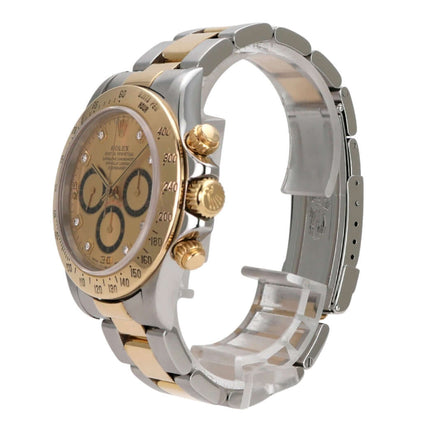 Rolex Daytona 40 Edelstahl Gelbgold 16523 Champagner Diamant seitliche Ansicht mit goldenen Akzenten.