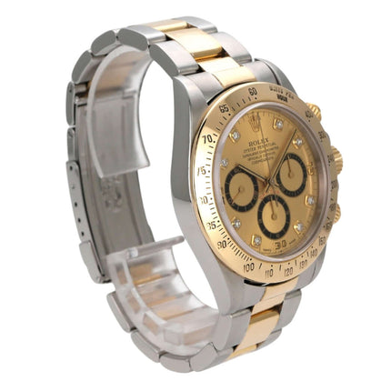 Rolex Daytona 40 Edelstahl Gelbgold 16523 Champagner Diamant in elegantem Design mit Diamantzifferblatt und Sportarmband.