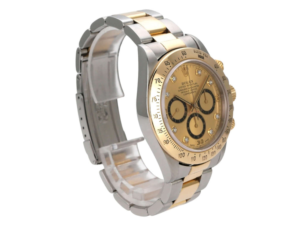 Rolex Daytona 40 Edelstahl Gelbgold 16523 Champagner Diamant in elegantem Design mit Diamantzifferblatt und Sportarmband.