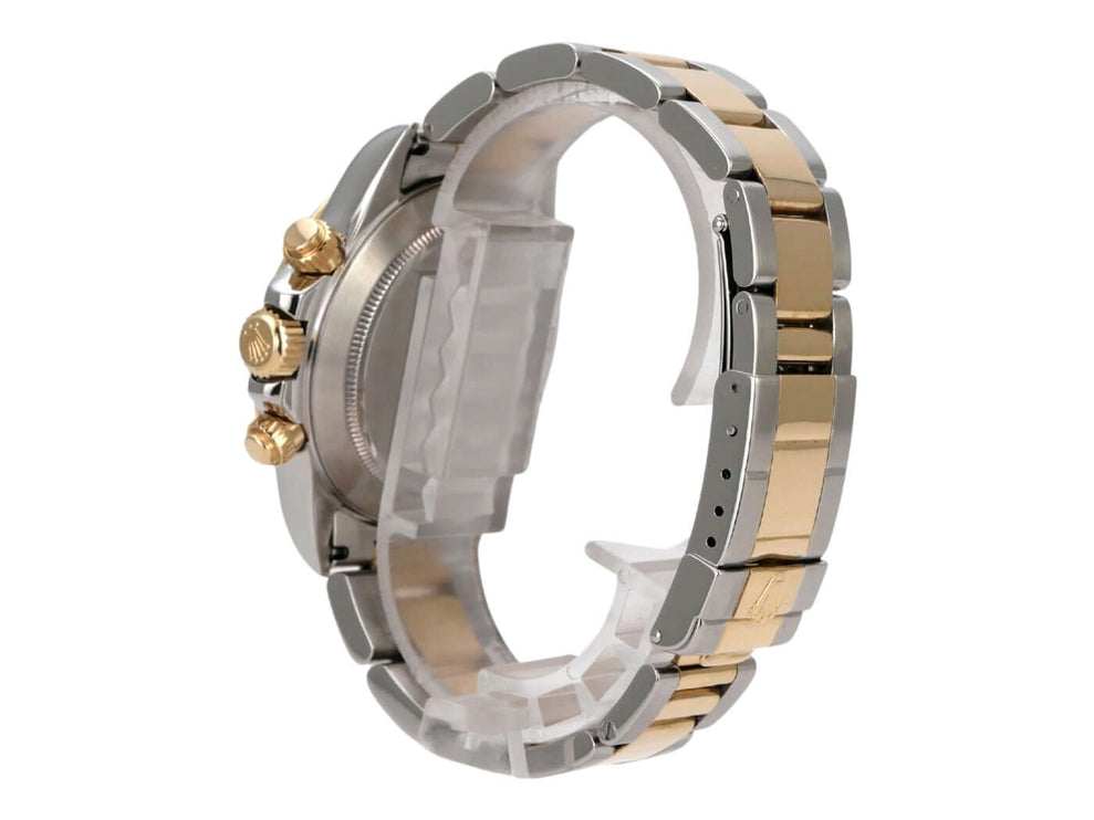 Rolex Daytona 40 Edelstahl Gelbgold 16523 Champagner Diamant seitliche Ansicht des Armbands und Gehäuses.