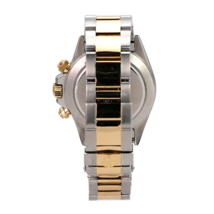 Rolex Daytona 40 Edelstahl Gelbgold 16523 Champagner Diamant seitliche Ansicht mit Armband und Schraubkrone.