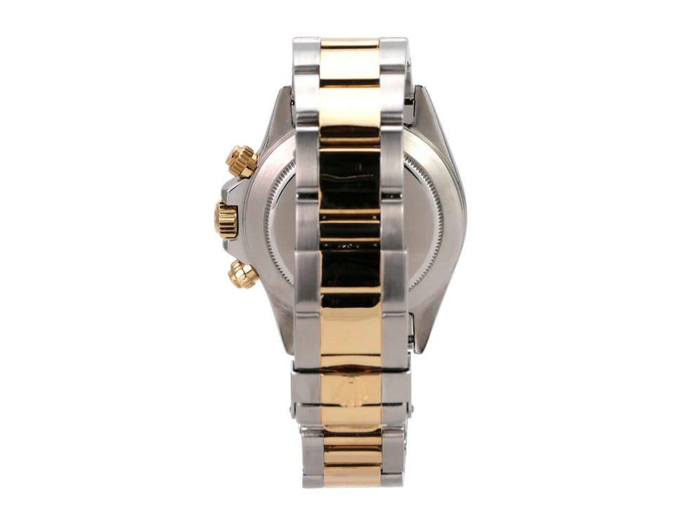 Rolex Daytona 40 Edelstahl Gelbgold 16523 Champagner Diamant seitliche Ansicht mit Armband und Schraubkrone.