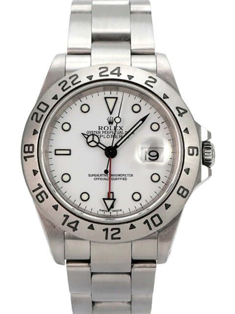 Rolex Explorer II Edelstahl Ref. 16570 Weiß auf einem Edelstahlarmband, weißes Zifferblatt mit Leuchtindizes.