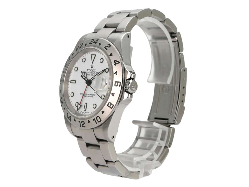 Rolex Explorer II Edelstahl Ref. 16570 Weiß - Automatikwerk mit weißem Zifferblatt und Oyster-Edelstahlarmband.