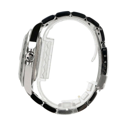 Seitenansicht der Rolex Explorer II Ref. 16570 mit poliertem Edelstahl und schwarzem Armband.