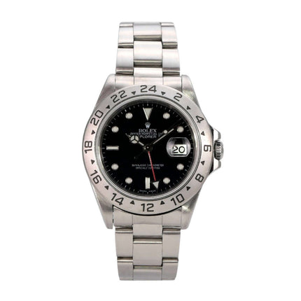 Rolex Explorer II Ref. 16570 Zifferblatt Schwarz mit Edelstahl-Armband und schwarzem Zifferblatt.