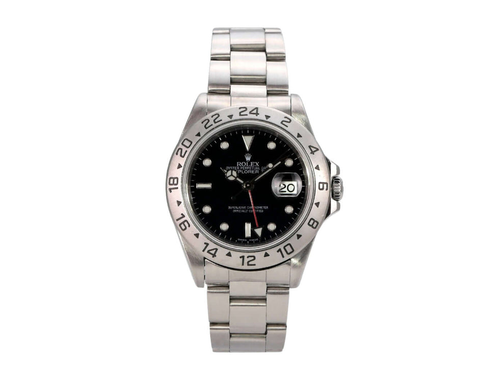 Rolex Explorer II Ref. 16570 Zifferblatt Schwarz mit Edelstahl-Armband und schwarzem Zifferblatt.