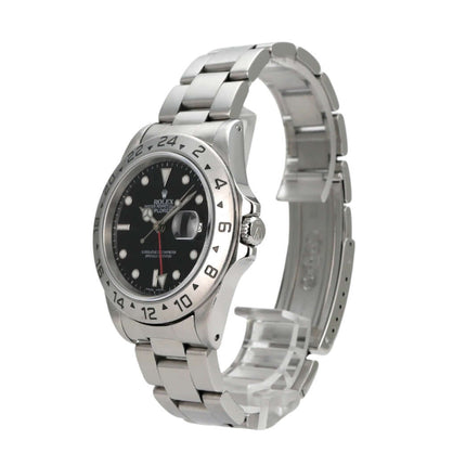 Rolex Explorer II Ref. 16570 Zifferblatt Schwarz mit poliertem Edelstahl-Gehäuse und schwarzem Zifferblatt.