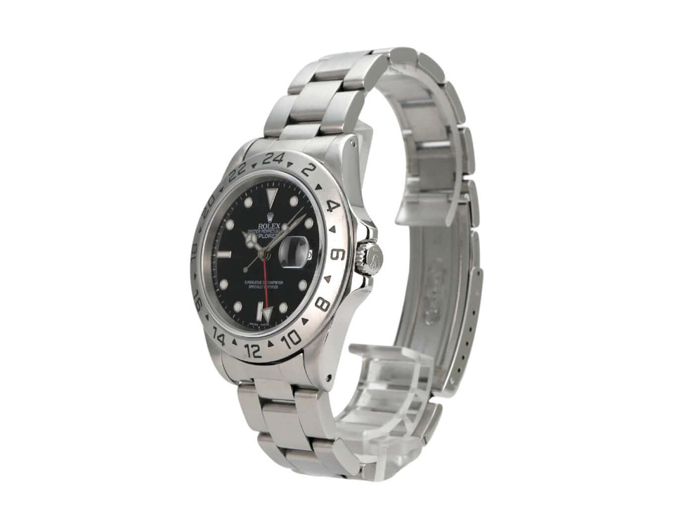 Rolex Explorer II Ref. 16570 Zifferblatt Schwarz mit poliertem Edelstahl-Gehäuse und schwarzem Zifferblatt.