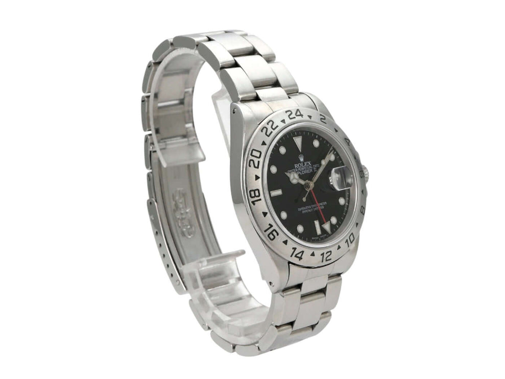 Rolex Explorer II Ref. 16570 Zifferblatt Schwarz mit Edelstahl Armband und schwarzem Zifferblatt.