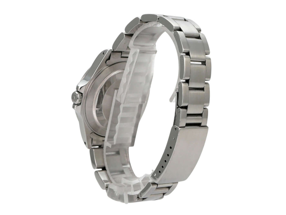 Rolex Explorer II Ref. 16570 Zifferblatt Schwarz mit poliertem Edelstahlarmband und Oyster-Gehäuse inseitenansicht.