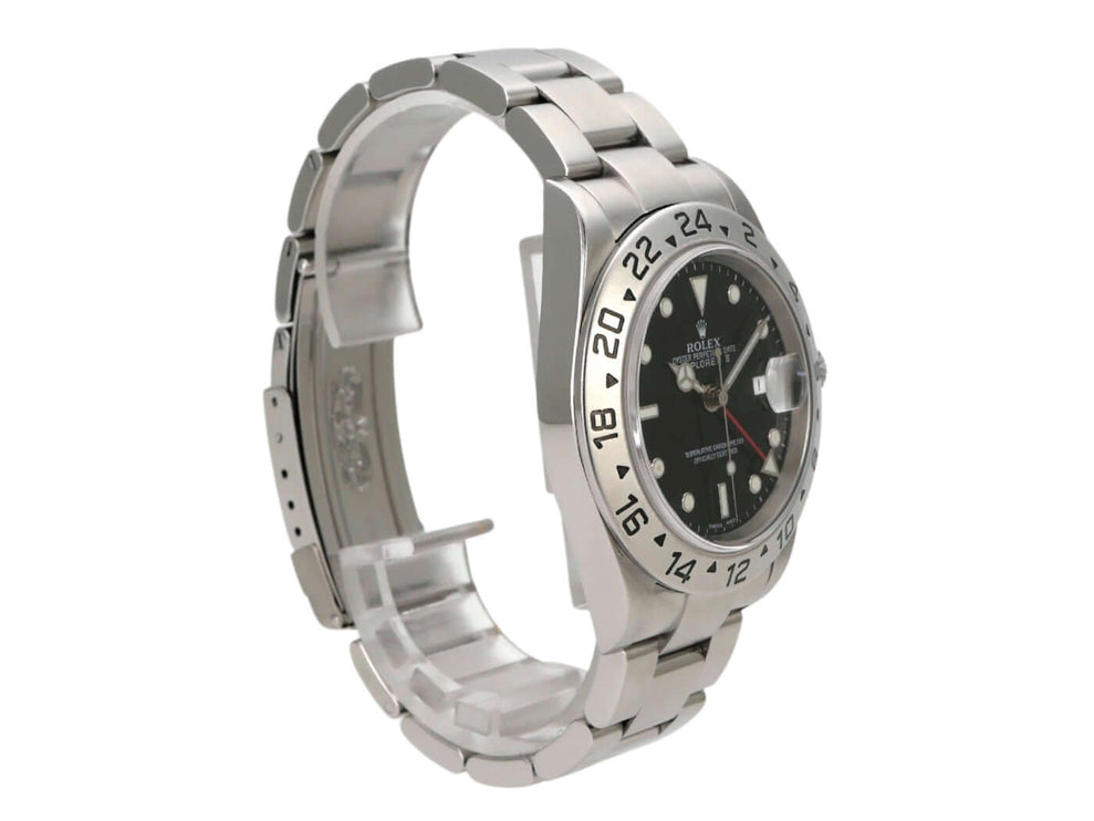 Rolex Explorer II Ref. 16570 mit schwarzem Zifferblatt und Edelstahlarmband, 40 mm Durchmesser, 2005 Modell.