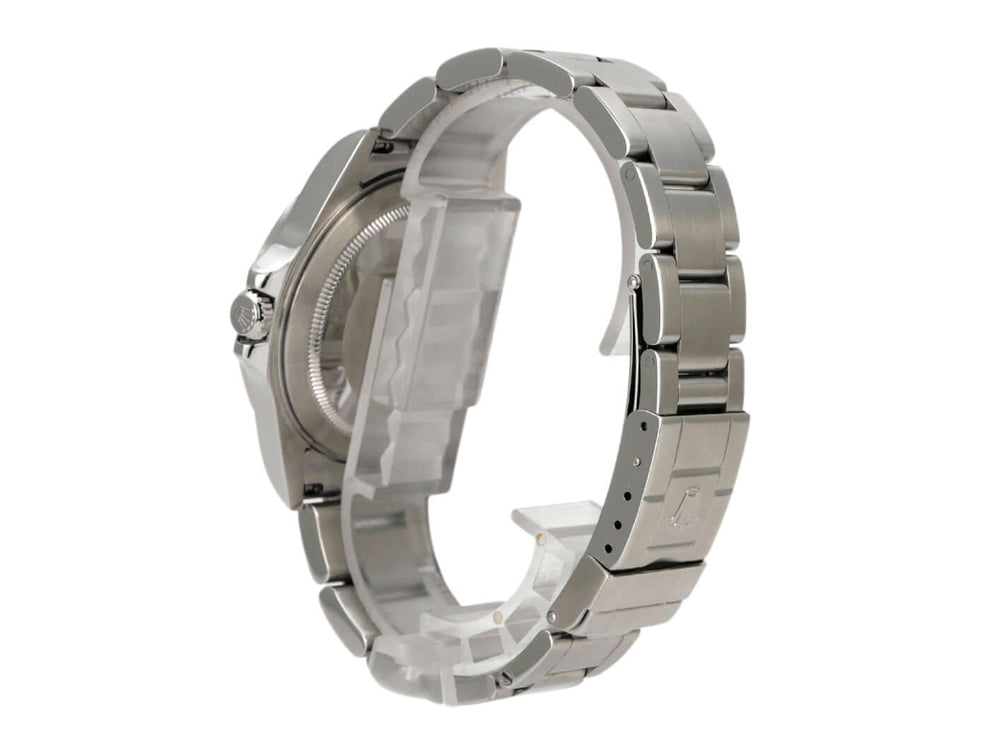 Seitenansicht einer Rolex Explorer II Ref. 16570 mit Edelstahlarmband und Sicherheitsfaltschließe.