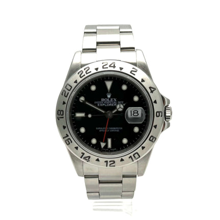 Rolex Explorer II Ref. 16570 Zifferblatt Schwarz, Edelstahl, 40 mm, aus 2005, Oyster Armband, Leuchtziffern, Automatikwerk in Nahaufnahme.
