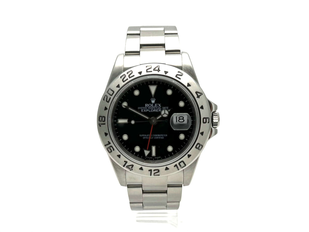 Rolex Explorer II Ref. 16570 Zifferblatt Schwarz, Edelstahl, 40 mm, aus 2005, Oyster Armband, Leuchtziffern, Automatikwerk in Nahaufnahme.