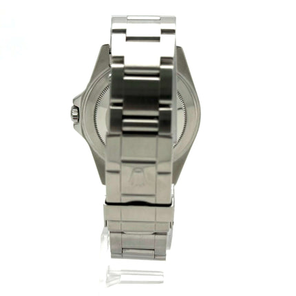 Rückansicht Rolex Explorer II Ref. 16570 aus Edelstahl mit Oyster Armband, Verschluss und Gehäusedetails.