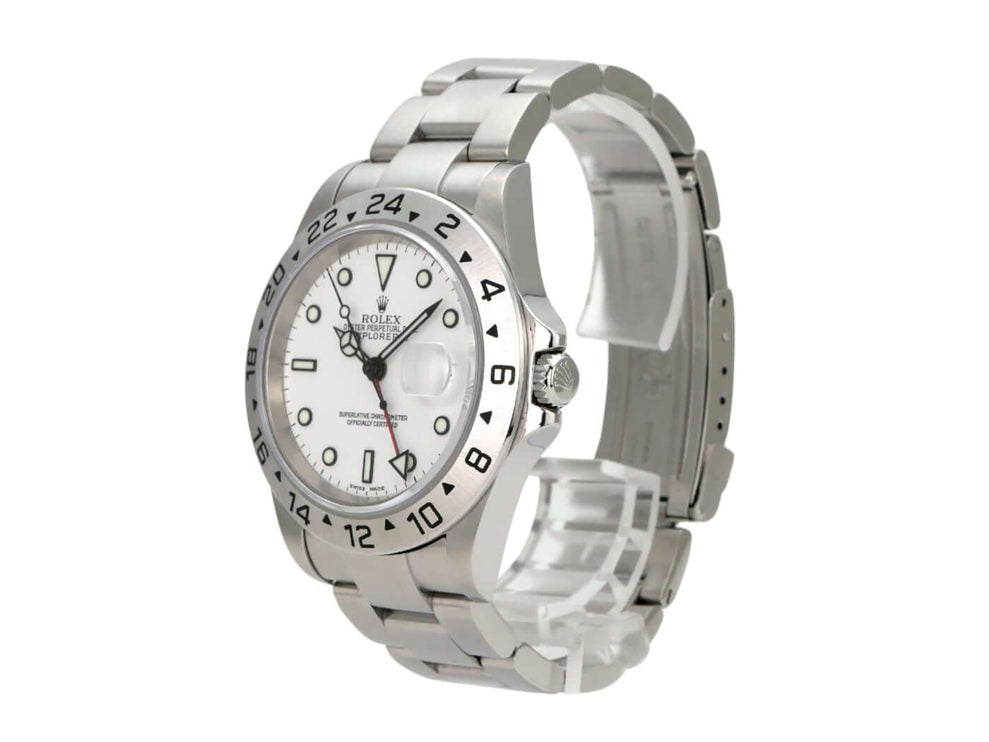 Rolex Explorer II Edelstahl Ref. 16570 Weiß mit poliertem Edelstahlgehäuse und weißem Zifferblatt
