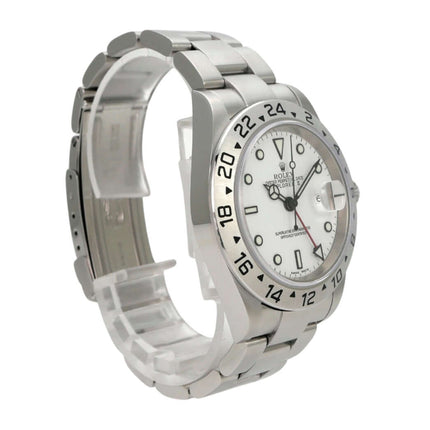 Rolex Explorer II Edelstahl Ref. 16570 Weiß mit weißem Zifferblatt und satiniertem Edelstahlarmband.