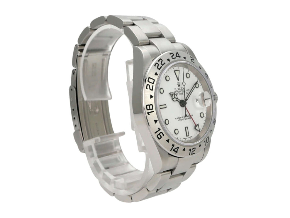 Rolex Explorer II Edelstahl Ref. 16570 Weiß mit weißem Zifferblatt und satiniertem Edelstahlarmband.