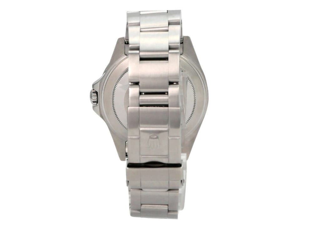 Rolex Explorer II Edelstahl Ref. 16570 Weiß Rückansicht mit satiniertem Edelstahlarmband und Sicherheitsfaltschließe.