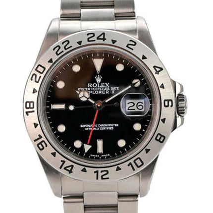Rolex Explorer II Edelstahl 16570 Schwarz - Ansicht des polierten und satinierten Edelstahlgehäuses mit 40 mm Durchmesser.