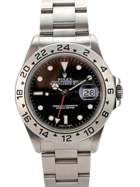 Rolex Explorer II Edelstahl 16570 Schwarz - Ansicht des polierten und satinierten Edelstahlgehäuses mit 40 mm Durchmesser.