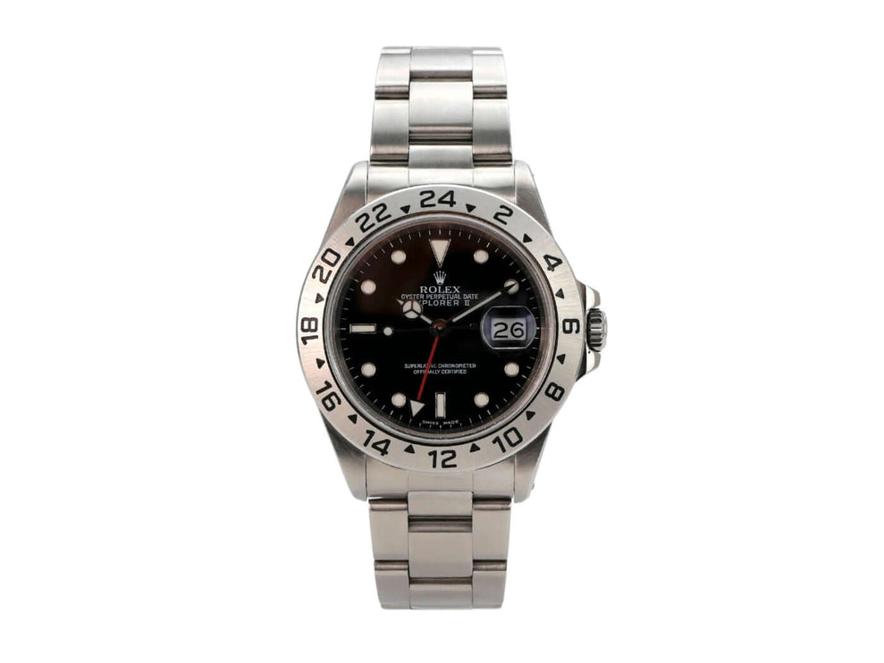 Rolex Explorer II Edelstahl 16570 Schwarz - Detailansicht der satinierte Edelstahl-Lünette mit 24 Stunden Skala.